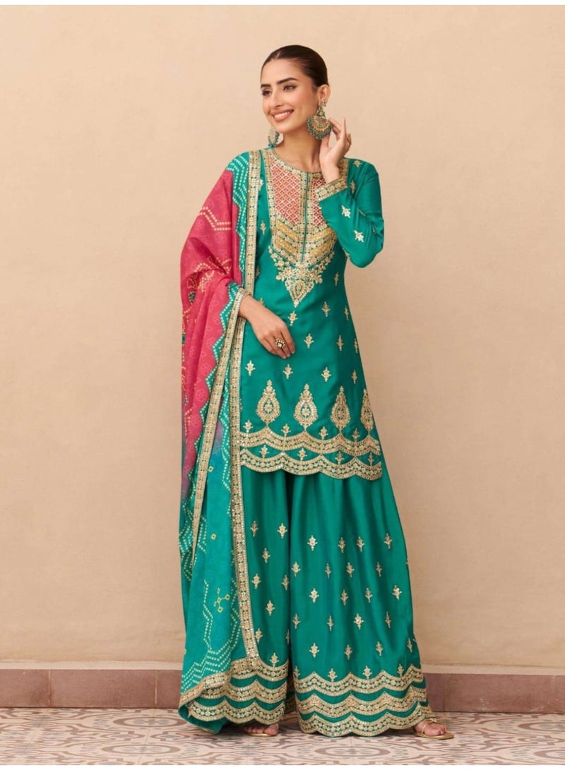 Grab Mantra Ready To Wear Green Colour Sharara Set With Bandhni Print Dupatta - Image 1